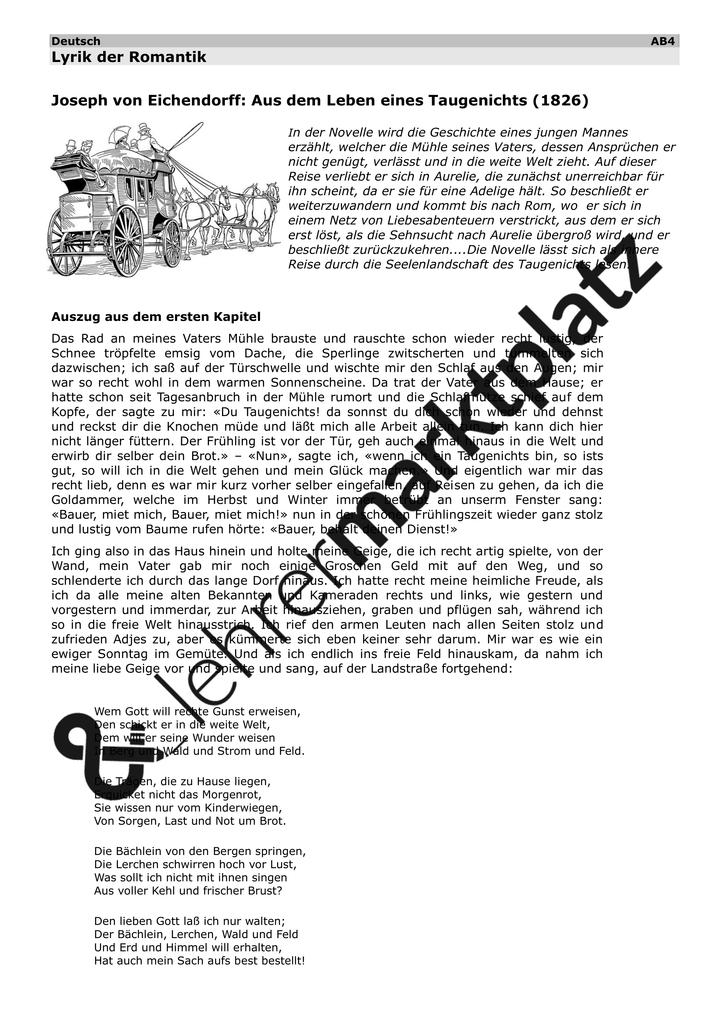 Gedichte Der Romantik Interpretation Unterrichtsreihe - Romantik - Gedichte der Epoche mit Klausur - Lyrik