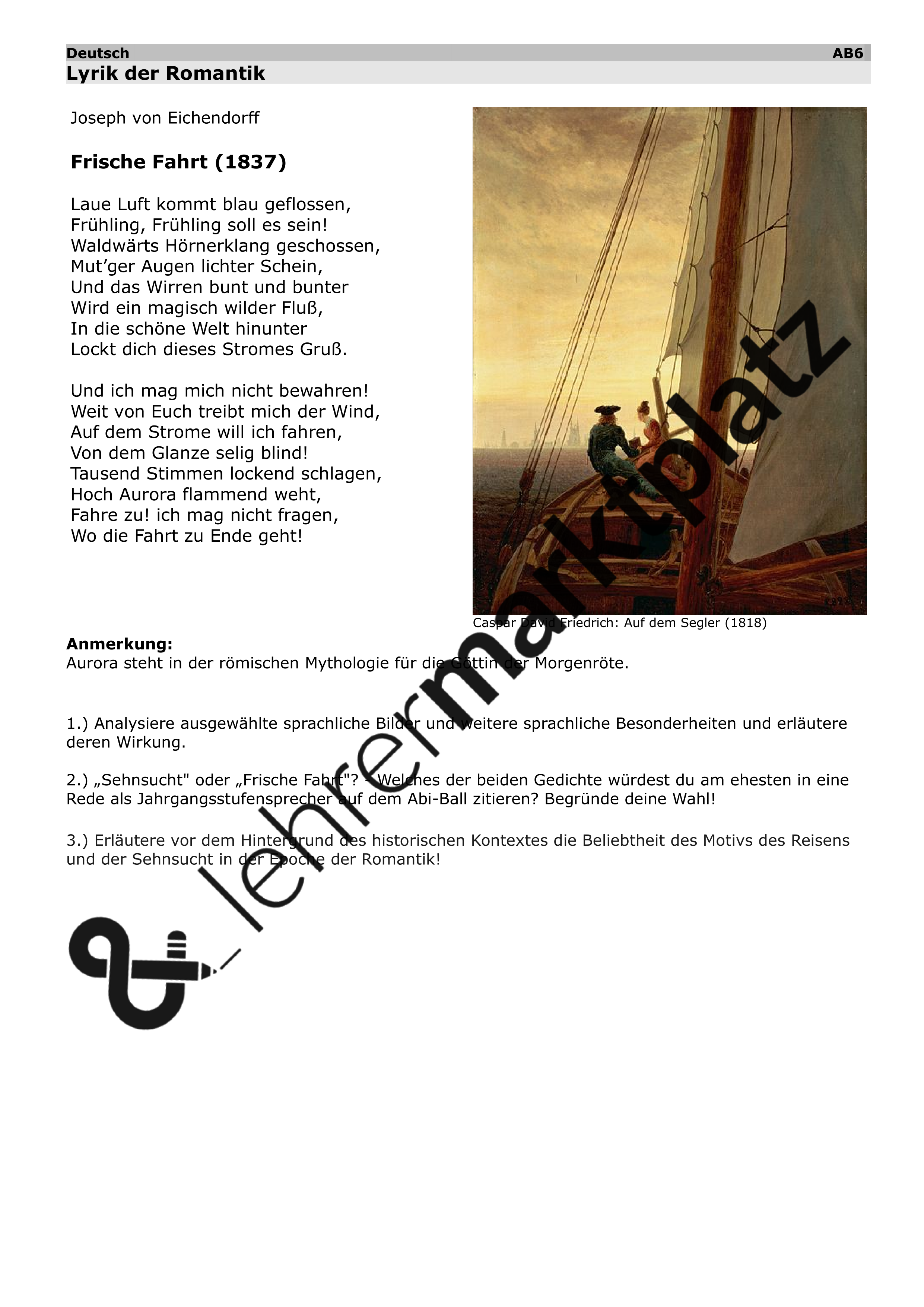 Gedichte Aus Der Epoche Der Romantik Unterrichtsreihe - Romantik - Gedichte der Epoche mit Klausur - Lyrik