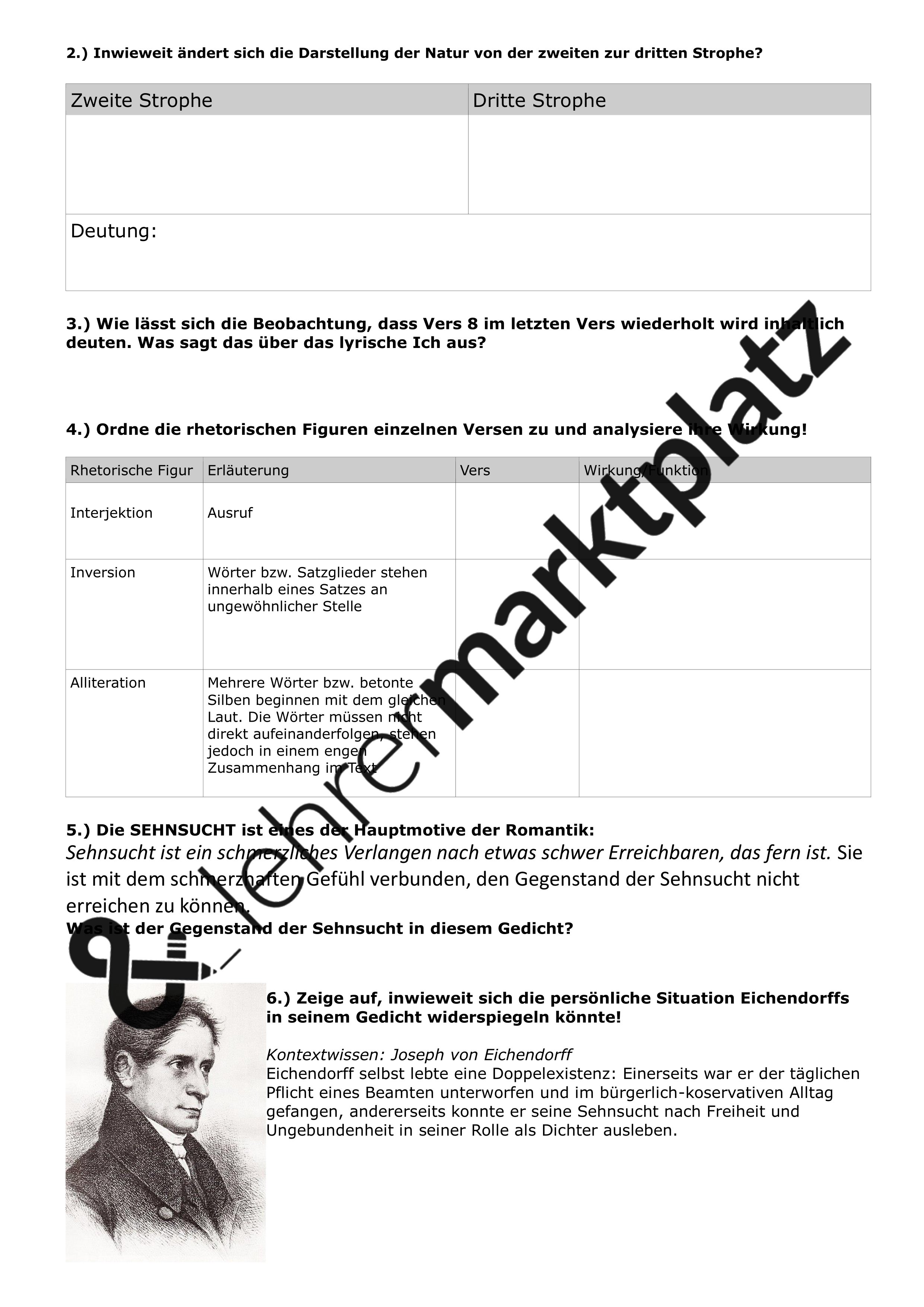 Typische Gedichte Der Romantik Für Klausuren Unterrichtsreihe - Romantik - Gedichte der Epoche mit Klausur - Lyrik