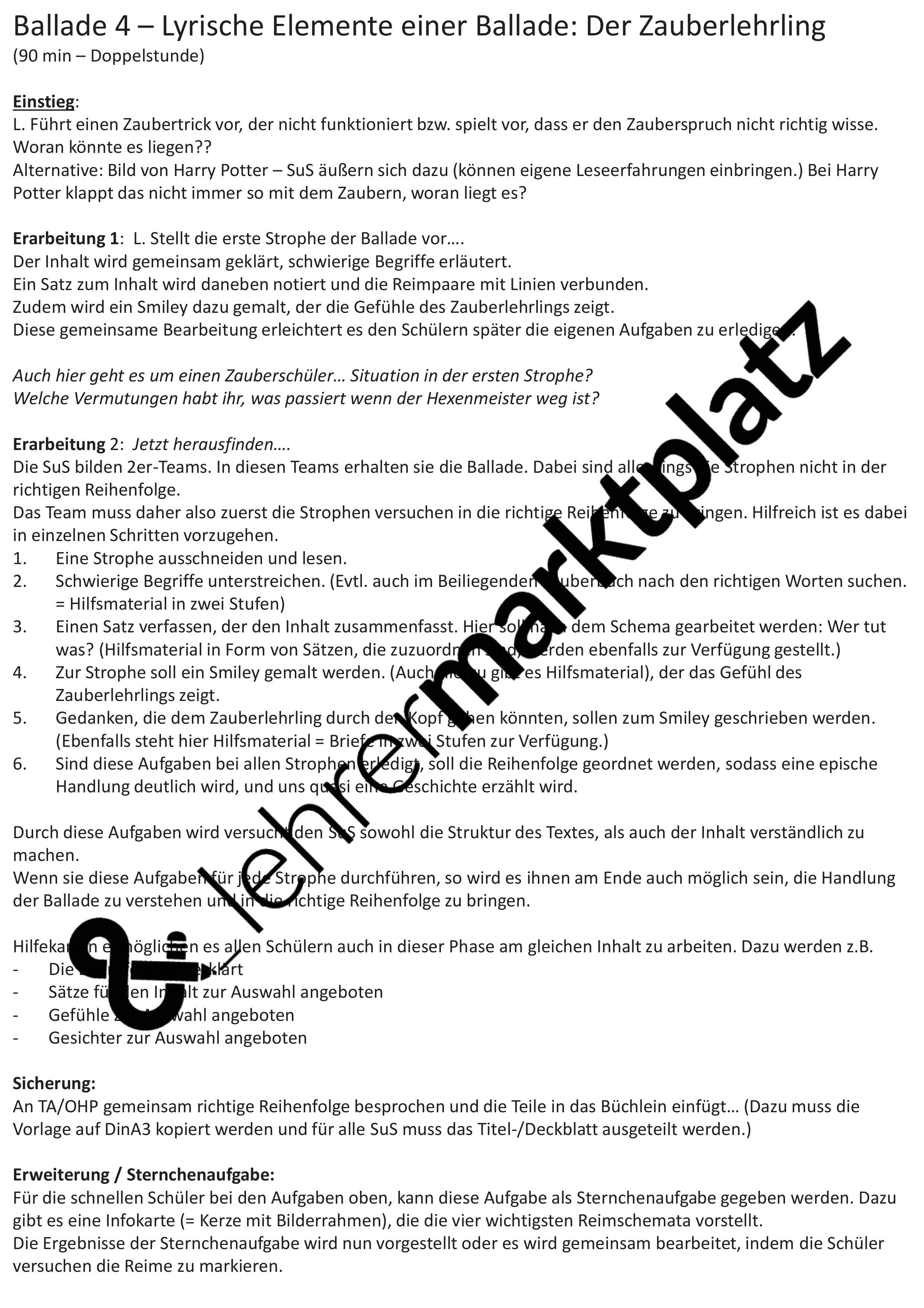 Ballade 4 Der Zauberlehrling Unterrichtsmaterial in den Fächern Deutsch