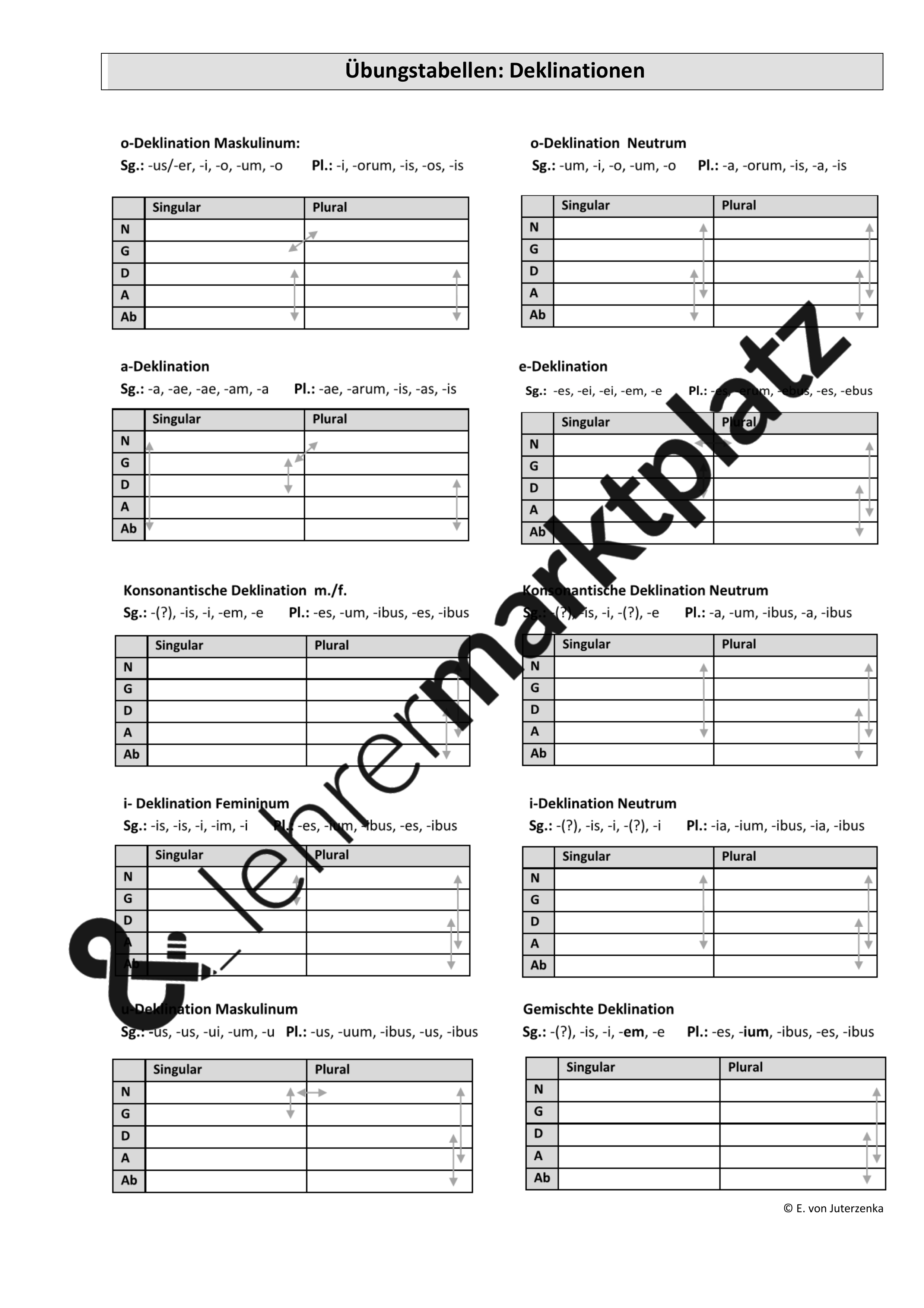 Alle Deklinationsklassen (Übungstabellen, Folie mit Arbeitsauftrag) Unterrichtsmaterial im