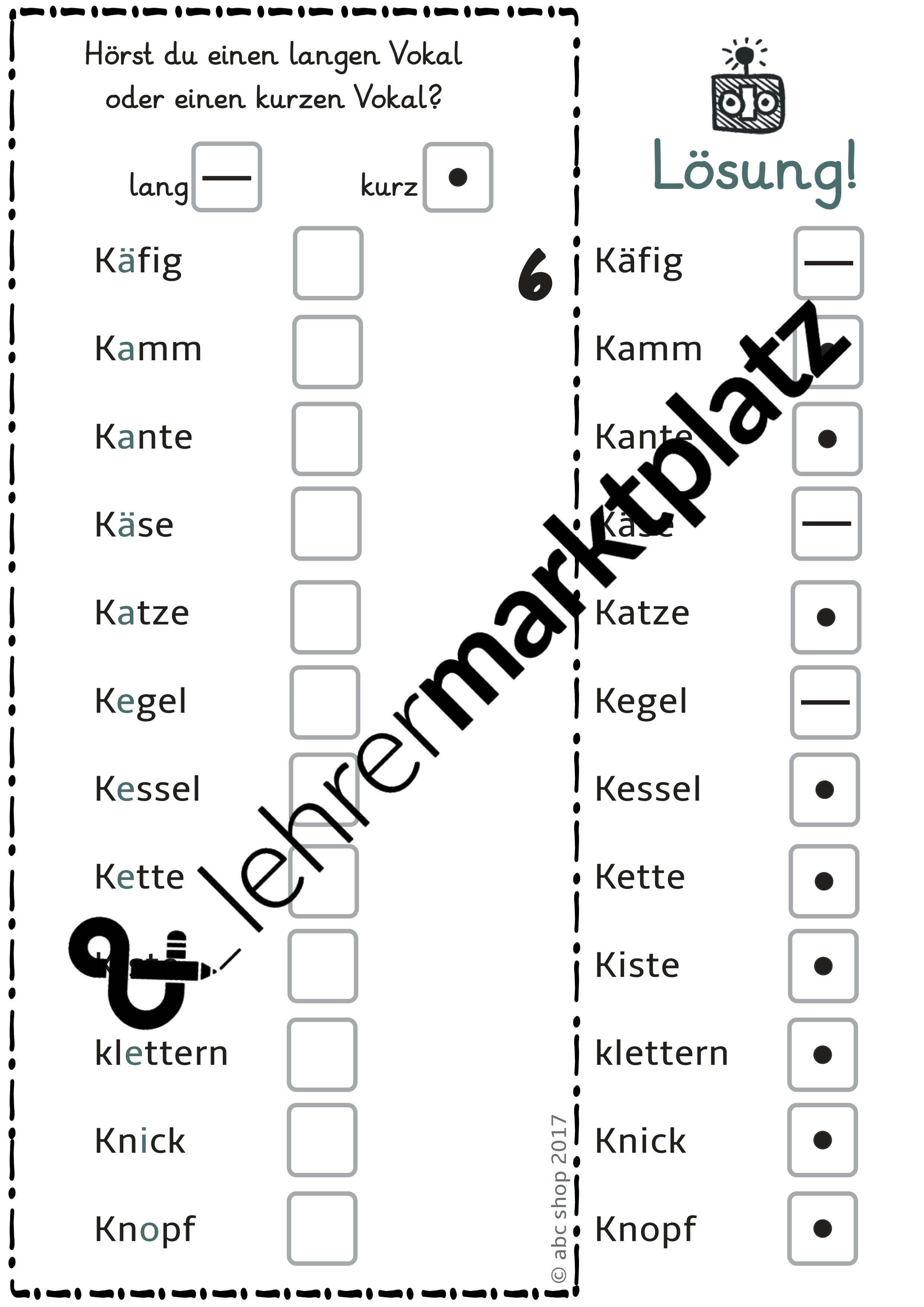 20 Arbeitsblätter zum Thema langer Vokal/kurzer Vokal (mit Lösungen) Rechtschreibung