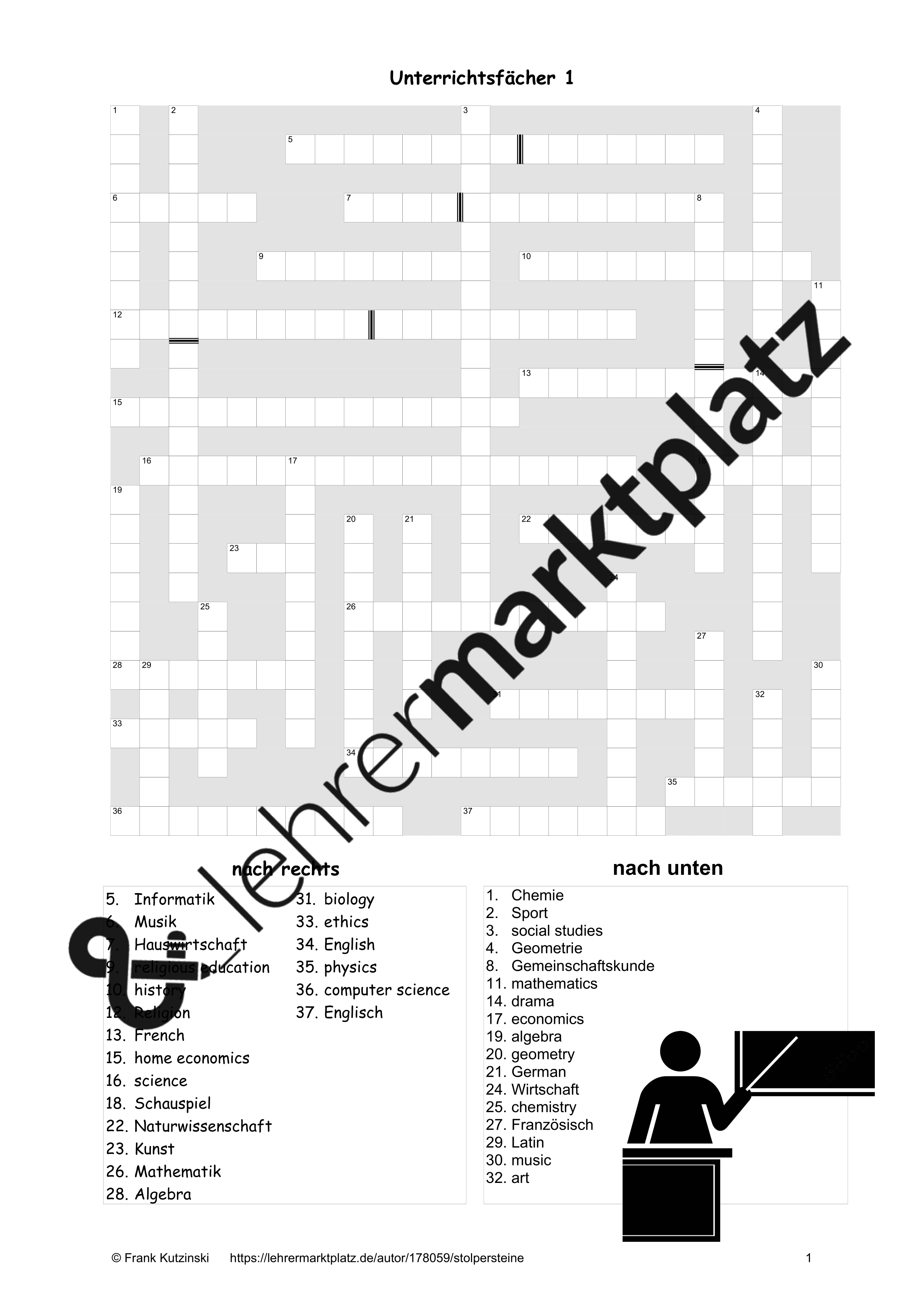 Englisch Kreuzworträtsel Unterrichtsfächer Unterrichtsmaterial im Fach Englisch Englisch Kreuzworträtsel Unterrichtsfächer Unterrichtsmaterial im Fach Englisch