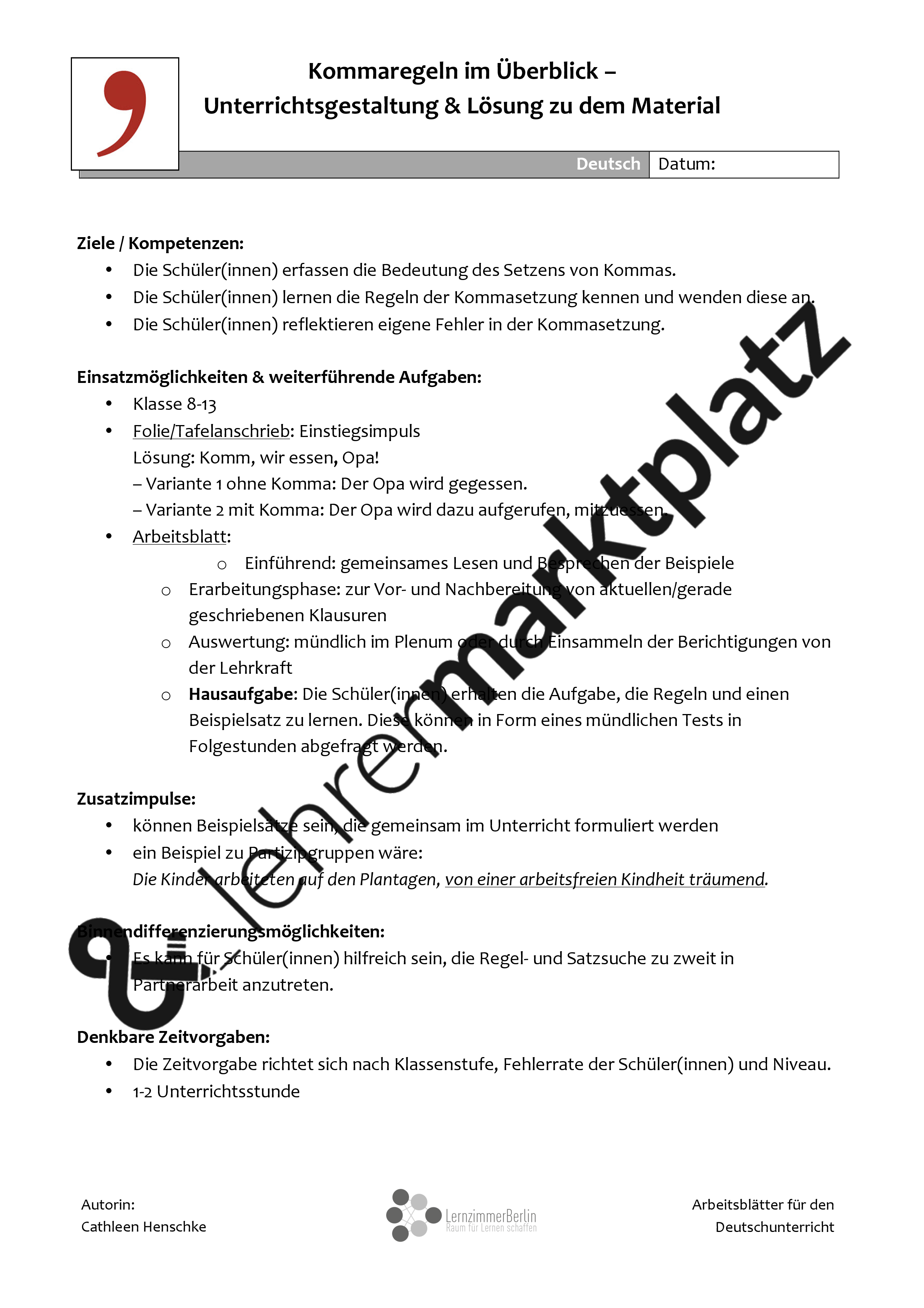 Kommas können Leben retten Kommaregeln im Überblick Unterrichtsmaterial im Fach Deutsch
