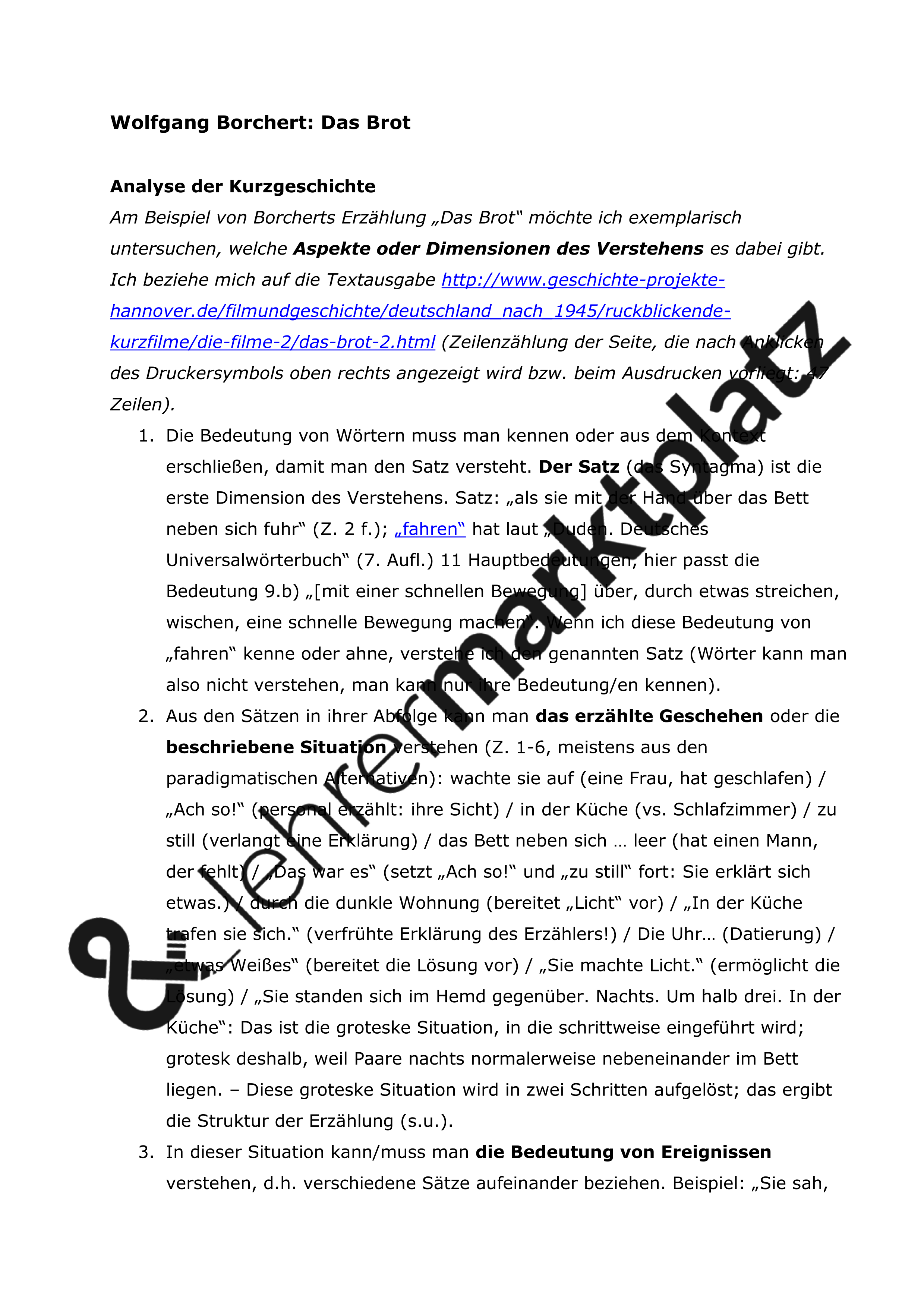 Wolfgang Borchert Das Brot Analyse, Arbeitsblatt Unterrichtsmaterial in den Fächern Deutsch Wolfgang Borchert Das Brot Analyse, Arbeitsblatt Unterrichtsmaterial in den Fächern Deutsch