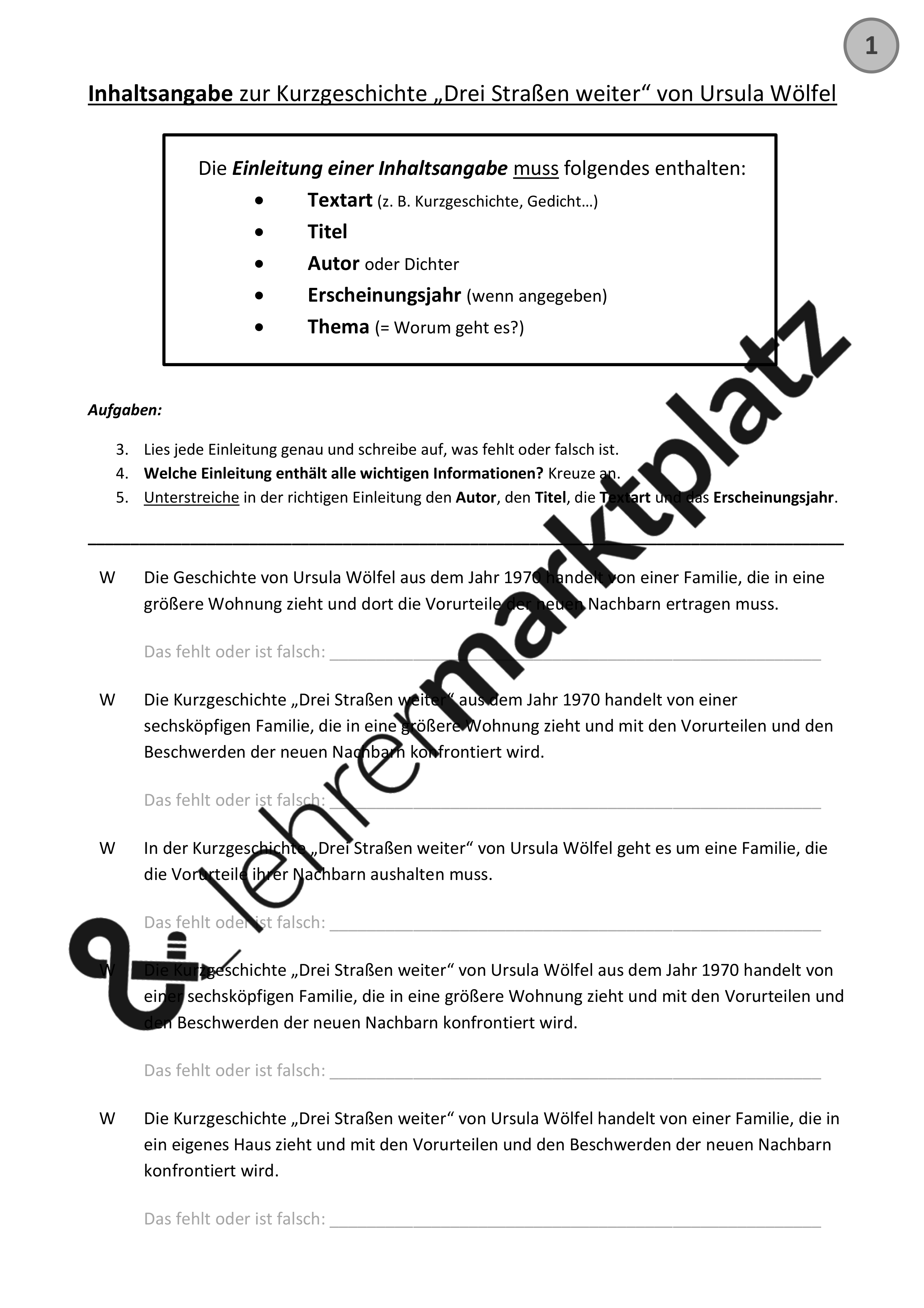Klassenarbeit Inhaltsangabe Kurzgeschichte Klasse 7 Lückentext Inhaltsangabe zur Kurzgeschichte "Drei Straßen weiter" von
