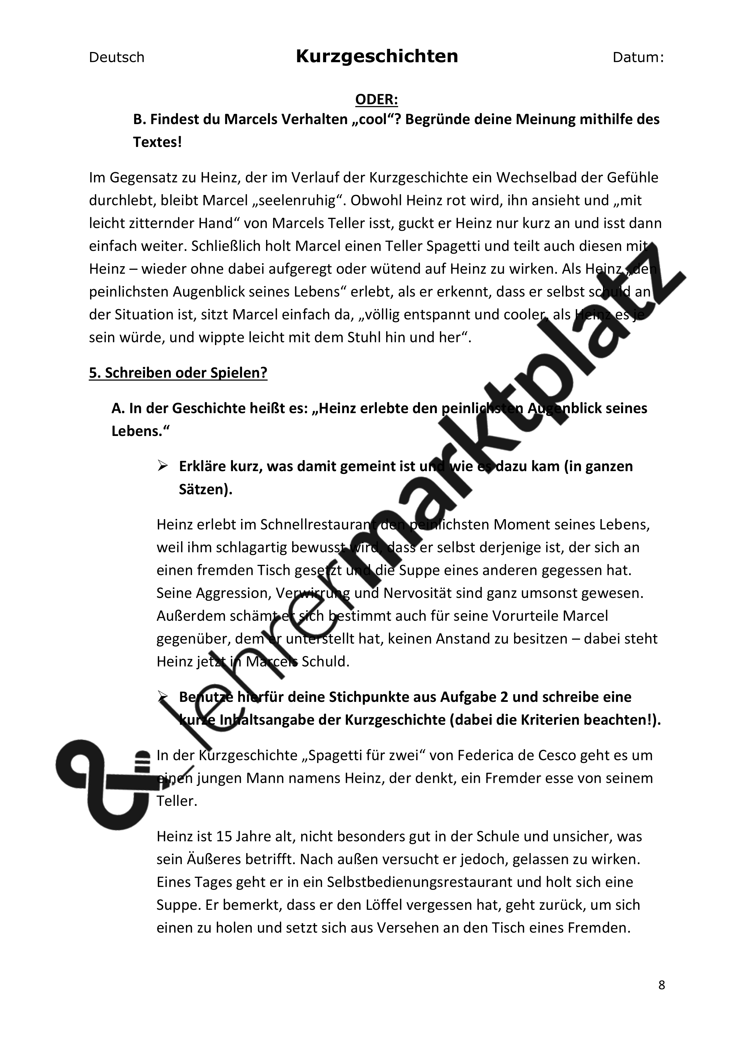 Kurzgeschichte Spaghetti Für Zwei Paket: Kurzgeschichte: "Spagetti für zwei" [mit Lösungen - doc, pdf